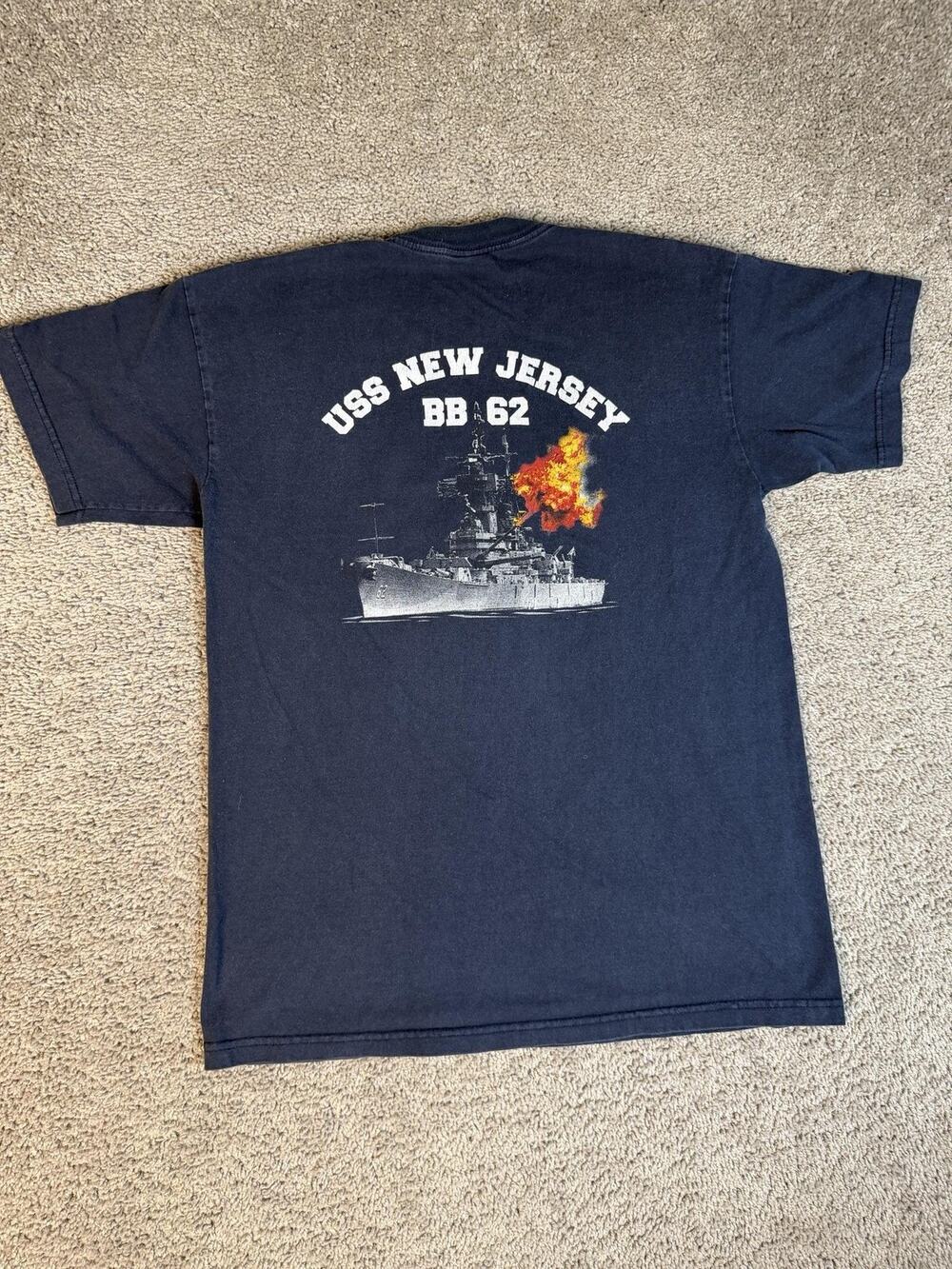 USS New Jersey BB 62 Shirt Mens L Blue Battleship Graphic Heavyweight Bayside
